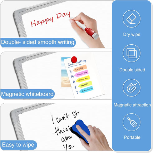 White Board Dry Erase - 12" x 16" Magnetic Double-Sided Board, 6 Markers, 4 Magnets, 1 Eraser for School, Office