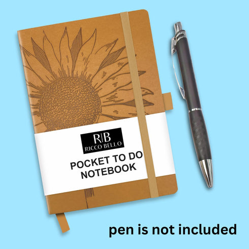 RICCO BELLO Hardcover Pocket to Do List, Undated Faux Leather Notebook with Pen Holder (4.25 x 6 inches, Sunflower)