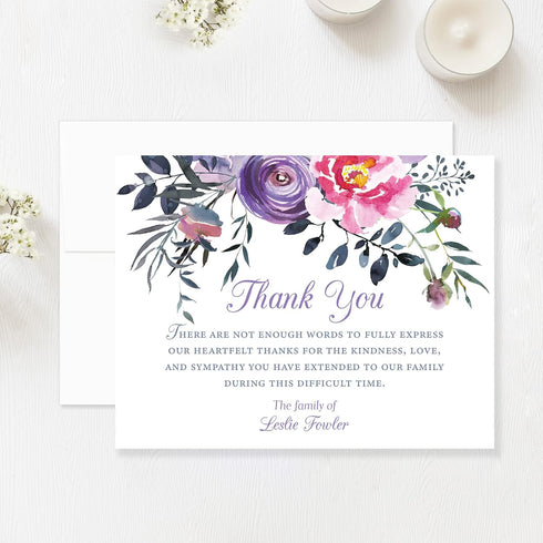5.5x4.25 Sympathy Thank You Acknowledgement Cards, Personalized Pink and Purple Flowers Funeral Thank You Cards, Flat