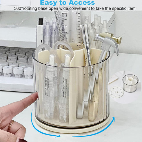 Marte Vanci 360 Degree Rotating Desk Organizer, Beige Pencil Holder for Makeup, Craft, and Stationery - 6 Slots