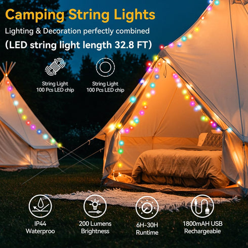 LEDLAY 33FT 8 Camping String Lights, Rechargeable String Lights with Modes, Waterproof Outdoor Lights with Delay