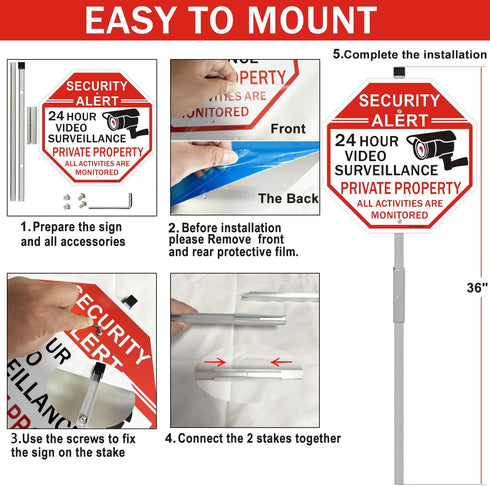 2 Pack 36" 12"x12" Security Sign, Private Property Video Surveillance Sign, with Metal Stakes, Reflective Rust Free