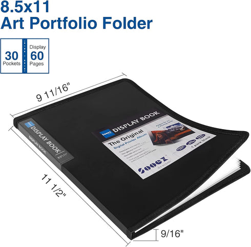 Sooez 30-Pocket Binder with Plastic Sleeves 8.5x11" (Black), Heavy Duty Art Portfolio Folder with Clear Sheet Protectors, Display 60 Pages, Presentation Book for Artwork, Document Organizer by Sooez