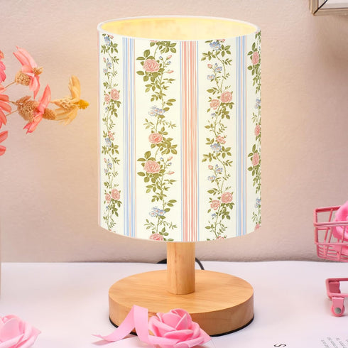 VIHOSE Pink Floral Kids Table Lamp for Bedroom Kids Bedside Lamp with Linen Wooden Nightstand Cartoon Nursery Lampshade