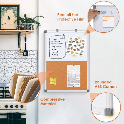 Dry Erase Board Cork Board Combo, 24"x18", Magnetic White Board and Bulletin Pin Board, Silver Frame