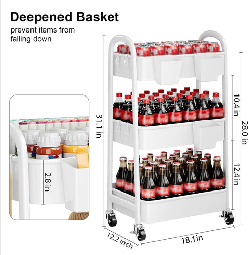 Osivaex 3 Tier Rolling Cart Metal with Wheels, Heavy Duty White Three Tiered Craft Cart Organizer on Wheels, Utility