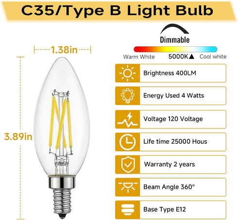 B/B11 E12 Bulb, 4W/40W 5000K Dimmable, 6-Pack Type LED Filament Equivalent Cool White Clear Glass, Ideal