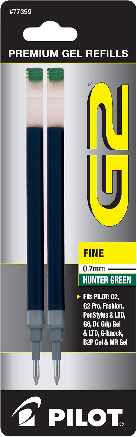 Pilot G2 Gel Ink Refills, Fine Point 0.7 mm, Hunter Green, Pack of 2