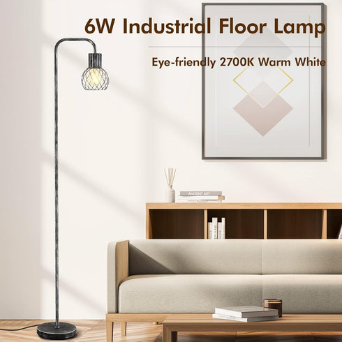 6W Bulb, Industrial Floor Lamp, Antique Silver Standing Lamp Modern with LED Foot Switch, Metal Tall Lamps for Living