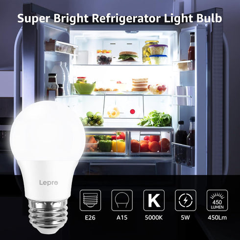Lepro LED Refrigerator Light Bulb - 40W Equivalent Waterproof Appliance Bulb Replacement for Frigidaire, 5000K Daylight Non-Dimmable Freezer Bulbs with 450 Lumen, 120V 5W A15 E26 Medium Base, 2 Pack by Lepro