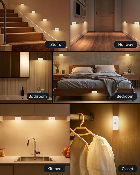 3 Closet (6-Pack) Yiliaw Motion Sensor Night Lights Indoor - Rechargeable Stick-On Stair Lights with Wireless Magnetic