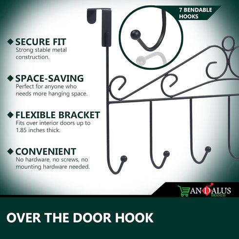 Andalus Heavy-Duty Vinyl-Coated Over The Door Hooks – 7 Hooks for Hanging Towels, Coats, Bags, Clothes (Black)