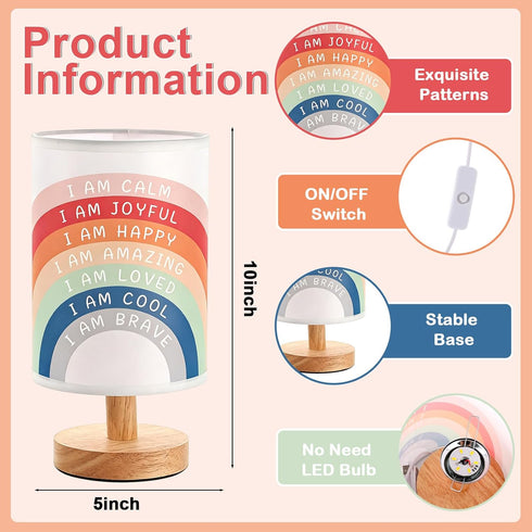 Lonfliness Boho Kids Table Lamp Rainbow Bedside Lamp Bedroom LED Night Light with Linen Wooden Nightstand Cartoon