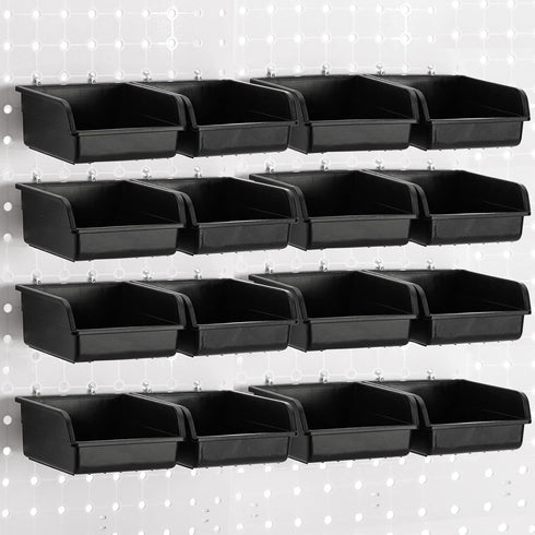Foraineam 16 Pack Pegboard Bins with Metal Hooks, Black Garage Workbench Accessories Kit for Tools Organizer