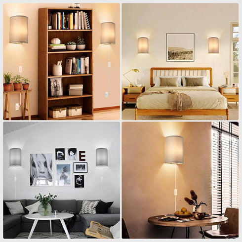 Set 2, 3-Color (3000K/4000K/6000K), Wall Sconces of Plug in Wall Sconces with On/Off Switch, Selectable Fabric Linen