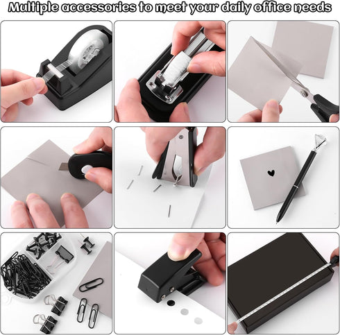 Black Desk Accessory Kit, Cute Office Supplies Set, Desktop Stapler Set includes Staple Remover, Hole Punch, Tape