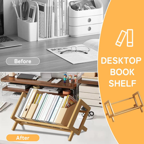 Desktop Bookshelf Bamboo Book Storage Organizer Large Magazine Holder Racks for Home Office Bedroom Tilting Bookcase