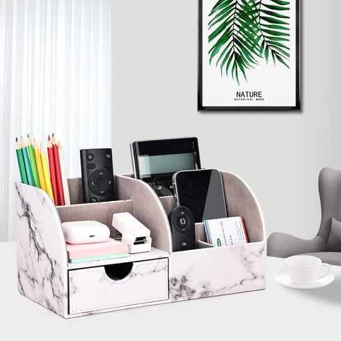 KINGFOM Pu Leather Desk Organizer - Pen Pencil Holder with 6 Compartments and Drawer, Gray Marble
