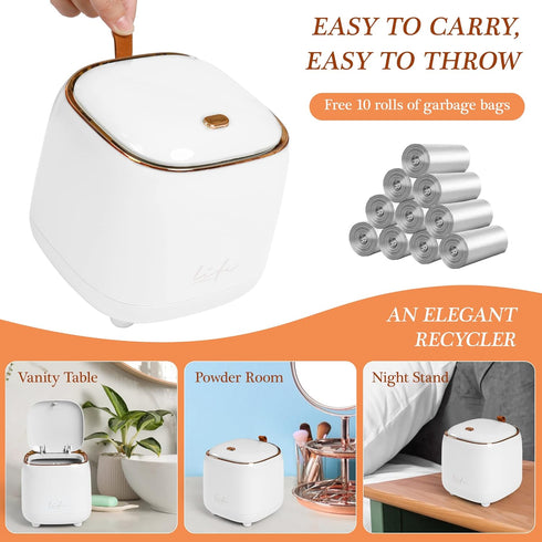 Mini Countertop Trash Can with 10 Rolls of Trash Bags, Waste Can with Press Type Lid, Desktop Trash Can Applicable for Bathroom Vanity,Coffee Table,Offices,Waste Basket (Trash Can-White)