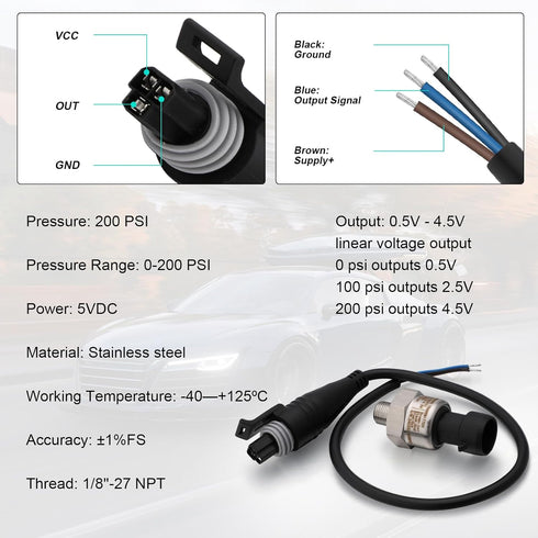 200 PSI Pressure Transducer Sender Sensor with 1/8" -27 NPT 316 Stainless Steel Thread for Oil Fuel Air Water