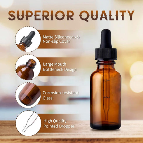 24 Pack Amber Glass Dropper Bottles, 1 oz with Measuring Eye Dropper for Essential Oils and Laboratory Chemicals