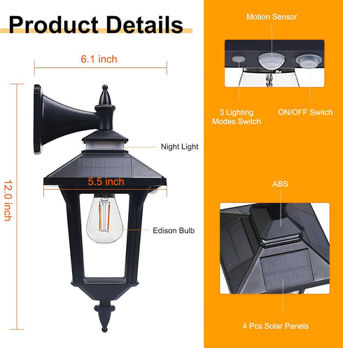 3 2 Solar Wall Lights Outdoor with Lighting Modes & Motion Sensor, Dusk to Dawn LED Wall Lantern Porch Sconce