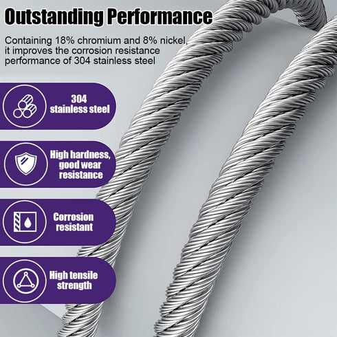 1/4 25ft 6400lbs 7X19 Stainless Steel Cable, Wire Rope with Wire Rope Clamps and Thimble, Breaking Strength, Strands