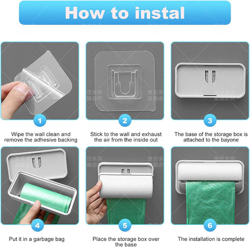 AqusilAir Set 2 Wall-Mounted Trash Bag Dispenser for Small Garbage Bags Adhesive PVC Storage Box for Bathroom, Kitchen