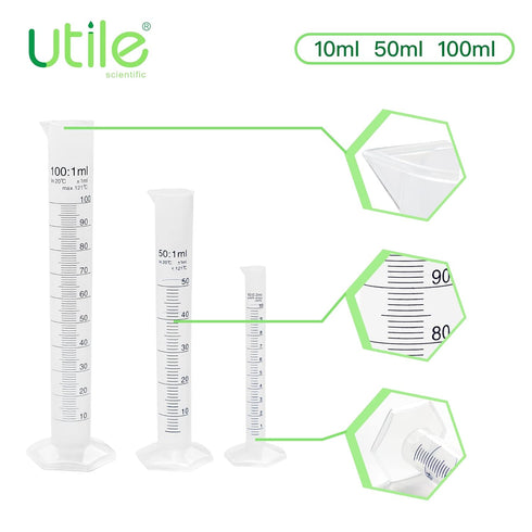 Plastic Graduated Measuring Cylinder Set, 3 Sizes 10ml, 50ml, 100ml, PP Material with Hexagonal Base