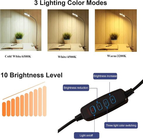 USB Desk Light with Clip, LED Eye-Caring Reading Light with 3 Color Modes, 10 Brightness Levels