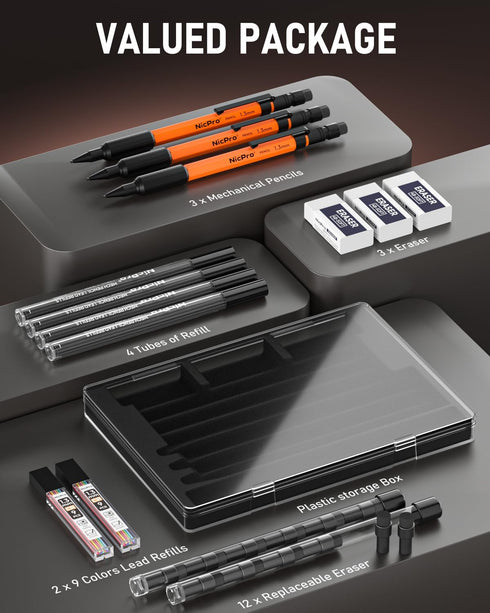 Nicpro 3 PCS 1.3 mm Orange Mechanical Pencils Set - Weatherproof Metal Barrel with 66 Lead Refill and 3 Erasers