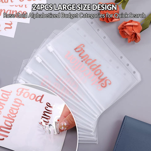 SKYDUE A6 Budget Binder, Money Organizer with 8pcs Zipper Envelopes, 12pcs Expense Sheets & 24 Sticky Labels