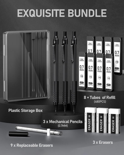 Four Candies Mechanical Graphite Pencil Set - 3pcs Black Metal Pencils with Anti-Skid Grip for Artists and Students