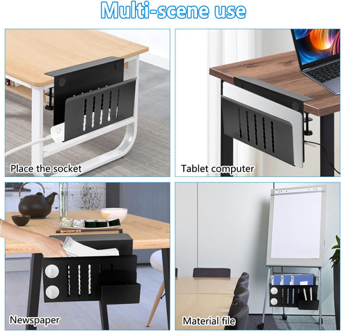 Desk Side Storage, Laptop Metal Organizer, Under Desk Holder with Pen Holder and 2 Hooks, Black