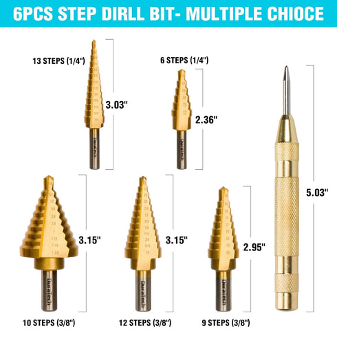 DURATECH 6-Piece Step Drill Bit Set with Automatic Center Punch, 50 Sizes in High Speed Steel, Titanium Coated, Storage