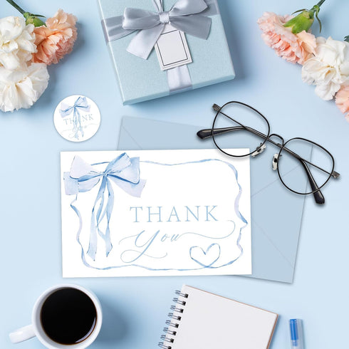 SMUAENSS 24 Pack Blue Bow Thank You Cards, Bowknot Bridal Shower Greeting Card with Envelopes and Stickers for Birthday