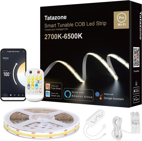 Tatazone 9.84ft Smart WiFi Tunable White COB Led Strip Light, CCT 2700K-6500K