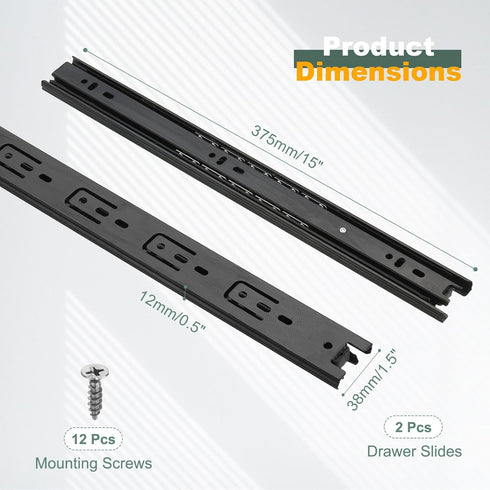 15 1.5 Inch 2Pcs PATIKIL x Drawer Slides, Steel Full Extension Ball Bearing Side Mounted Rails with Mounting Screws