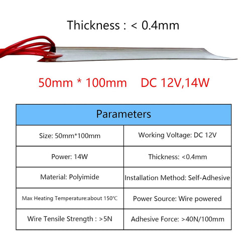 YYSOLDER 5PCS Film Heater Plate, 50mmx100mm (12v 14w) Adhesive Pad Flexible Polyimide Heating Elements