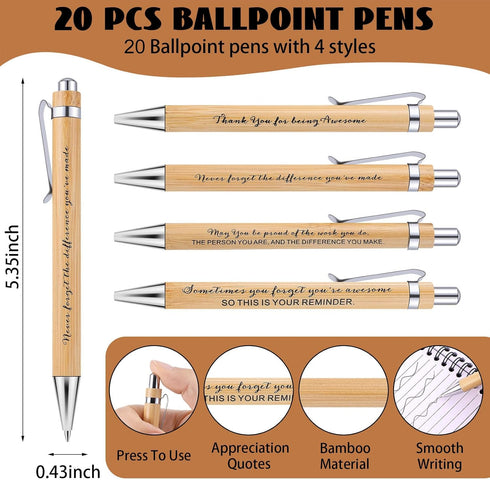 Employee Appreciation Gifts: 20 Spiral Notebooks with Sticky Notes, Thank You Journals, Inspirational Bamboo Ballpoint