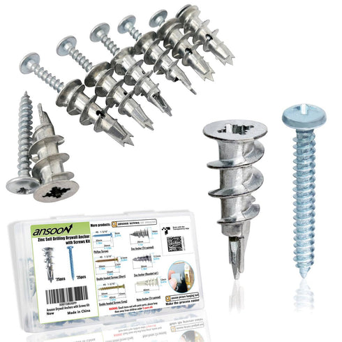 Zinc Self-Drilling Drywall Anchors with Screws Kit, 25 Heavy Duty Anchors & Screws, 50 Pieces
