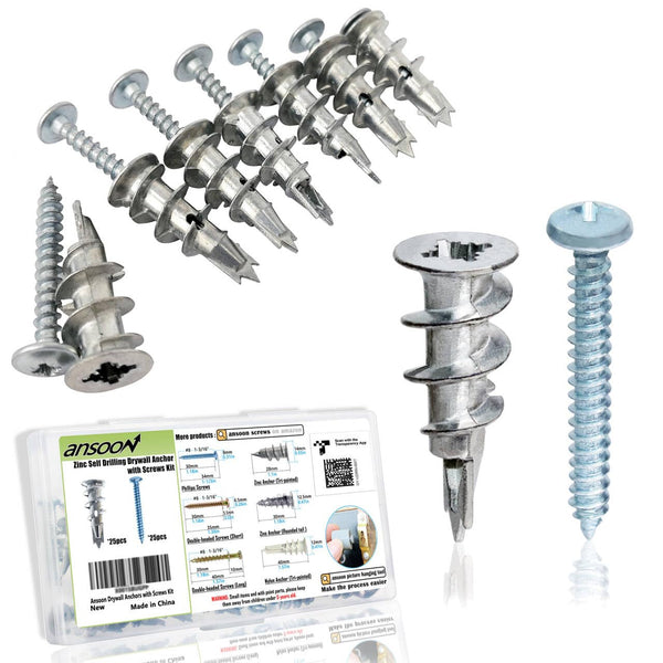 Zinc Self-Drilling Drywall Anchors with Screws Kit, 25 Heavy Duty Anchors & Screws, 50 Pieces