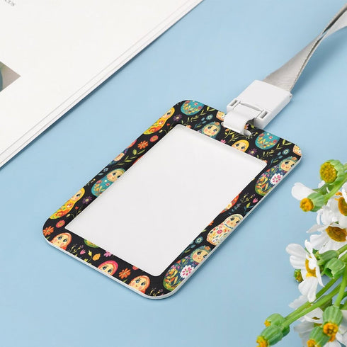 Generic Russian Nesting Dolls Flowers Vertical Badge Holder with Lanyard Plastic Sliding ID Card Name Tag Holder