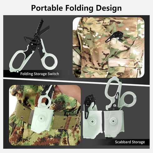 6 1 in Multi-function Trauma Shears with Strap Cutter and Glass Breaker, with Luminous Holster, Stainless Steel