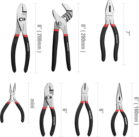 7-piece Set WORKPRO Pliers with Groove Joint, Long Nose, Slip Joint, Linesman, and Diagonal Pliers for DIY & Home Use