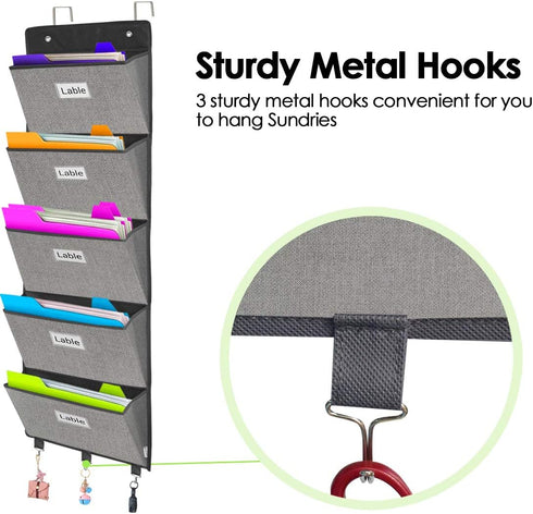 homyfort Over the Door File Organizer, Wall Hanging with 5 Large Pockets for Mails, Magazines, Office Storage