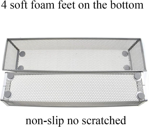 HAHIYO Stackable Mesh Tray Cup 12 x 3 x 2 inches Sturdy Container for Desk Drawer Organizer Collection for Home Office School Kitchen Soft Foam Feet No Sharp Edges 2 Pack Silver by HAHIYO