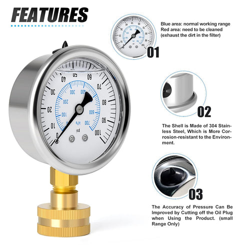 MEANLIN MEASURE 0~100Psi Stainless Steel Frame, 3/4" Female 2.5" FACE DIAL Liquid Filled Pressure Gauge