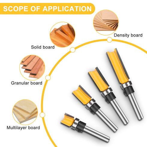 UTRUSTTO 1/4 Inch Set, 1/2", 25/64, 3/4, 1, 1-1/2. Pattern Flush Trim Router Bits Shank, Bottom Bearing Flush Trim