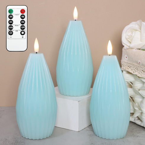 3Pack Blue Ribbed Flameless Candles with Remote Flickering Realistic Battery Powered LED Real Wax Decorative Candle